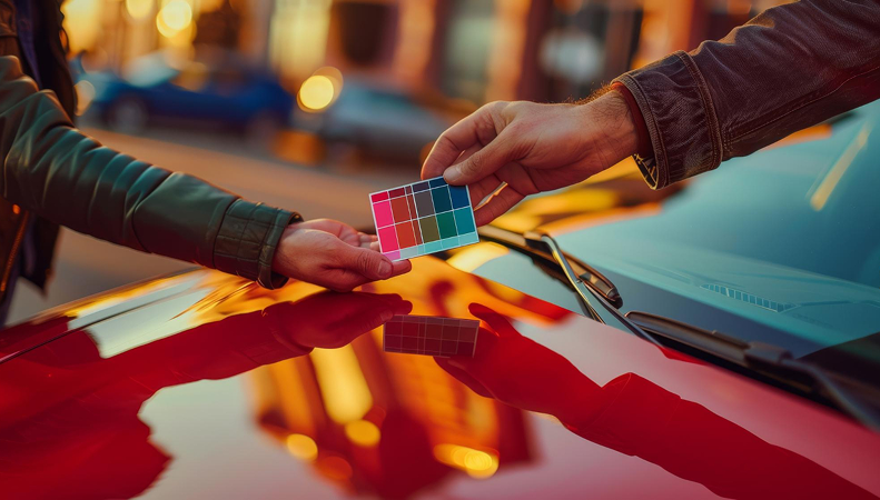 Person comparing paint colour samples against a red car panel during paint matching in Cheltenham